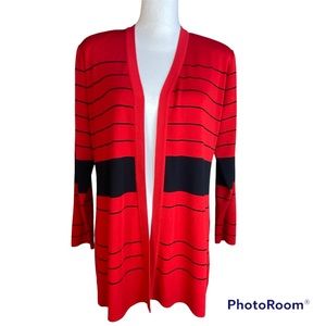Exclusively Misook Red Black Stripe Open Front Cardigan Medium